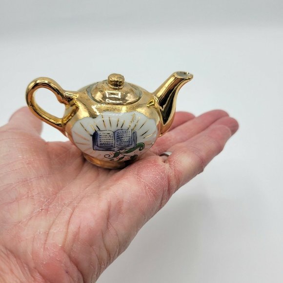 Miniature Teapot And Teacup Vintage Bible Print Religious Gold Plate Doll Teapot - Picture 6 of 12